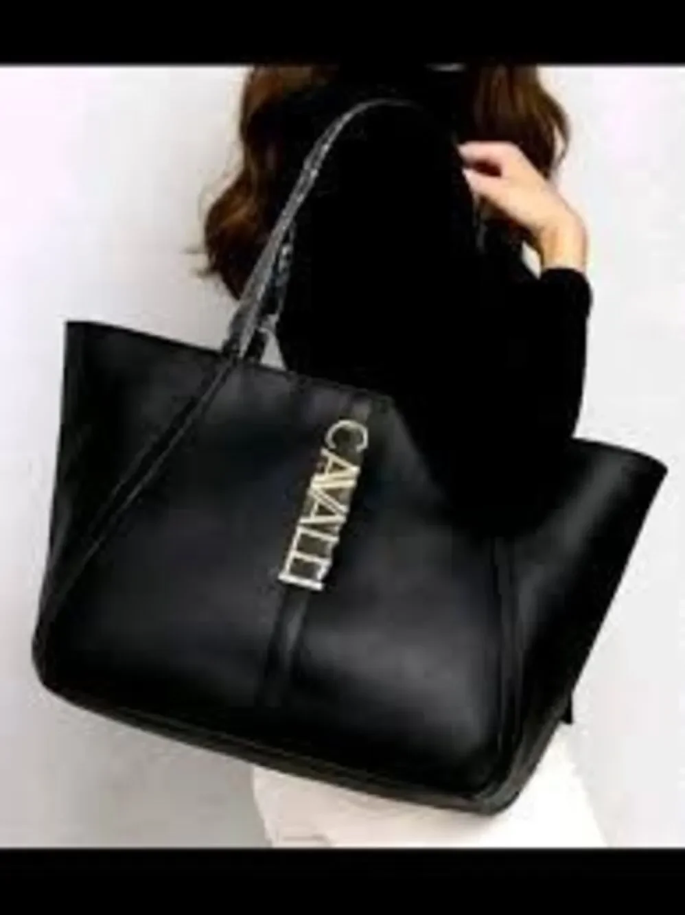 Cavalli Sandra Shopper Tote Black Onyx Gold Tone Logo Front Plate Chic NWT